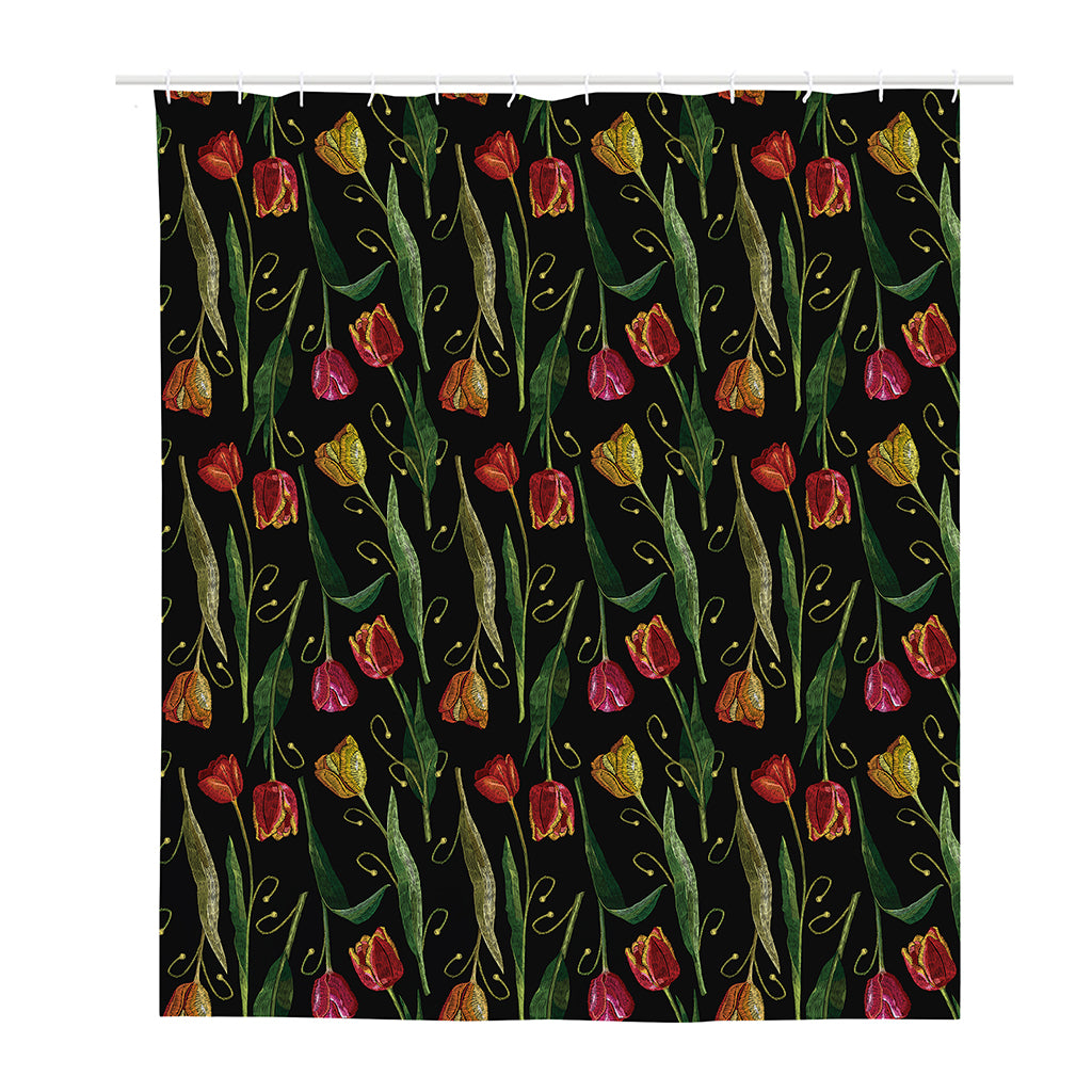 Embroidery Tulip Pattern Print Polyester Shower Curtain