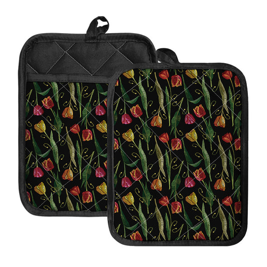 Embroidery Tulip Pattern Print Pot Holders With Pocket