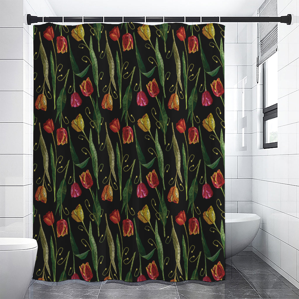 Embroidery Tulip Pattern Print Premium Shower Curtain
