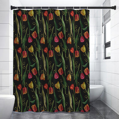 Embroidery Tulip Pattern Print Premium Shower Curtain