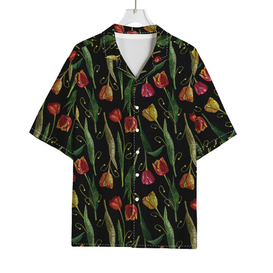 Embroidery Tulip Pattern Print Rayon Hawaiian Shirt
