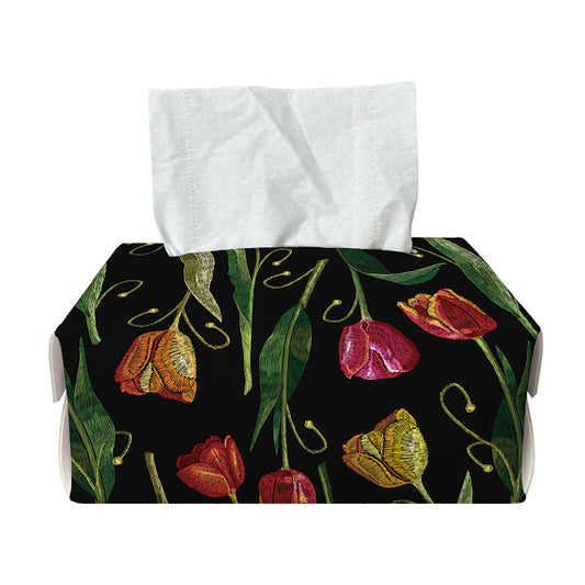 Embroidery Tulip Pattern Print Rectangle Tissue Box Cover