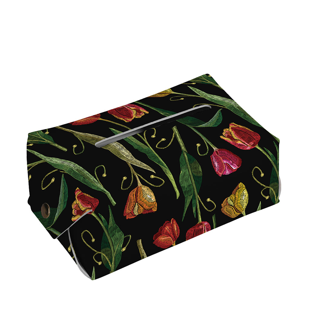 Embroidery Tulip Pattern Print Rectangle Tissue Box Cover