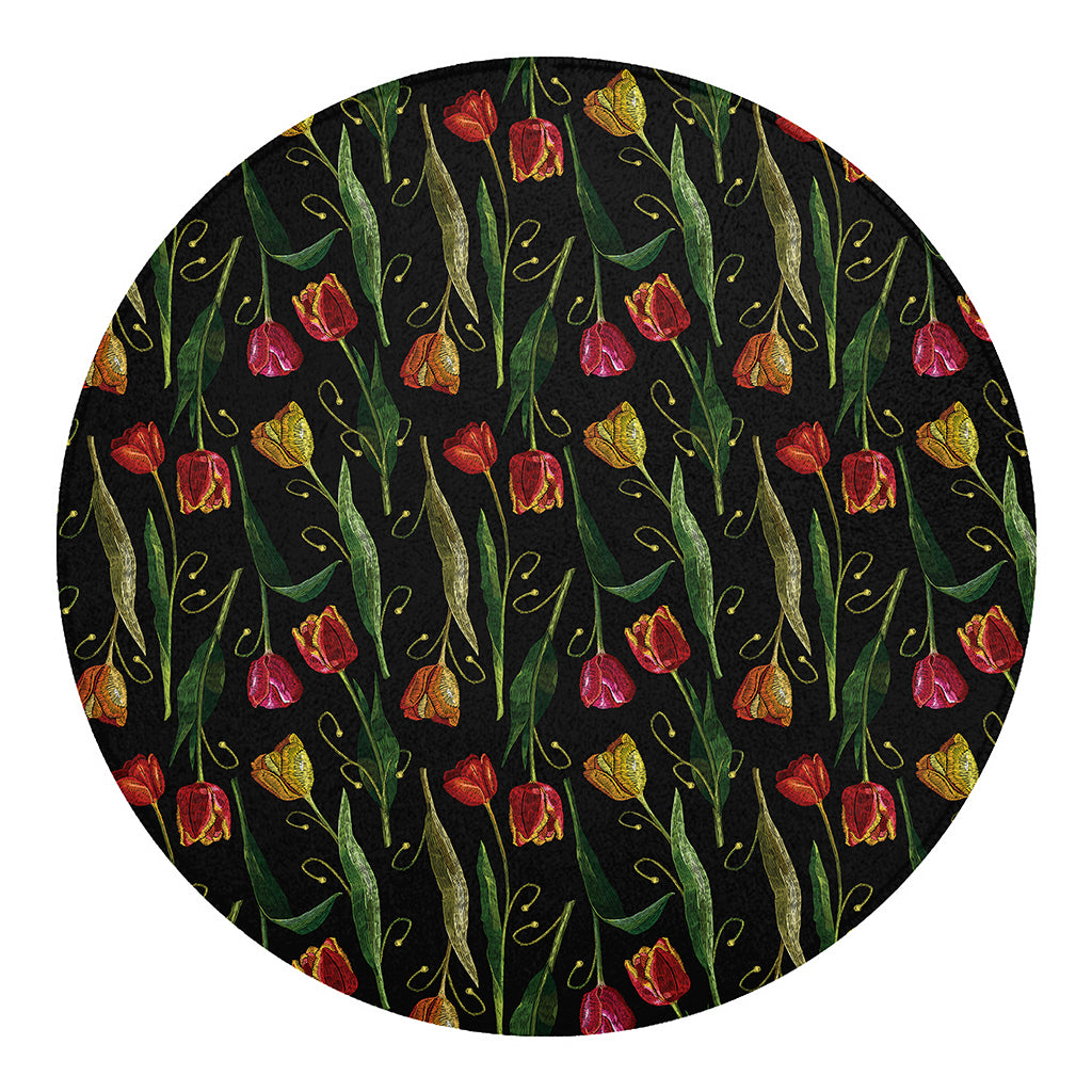 Embroidery Tulip Pattern Print Round Blanket