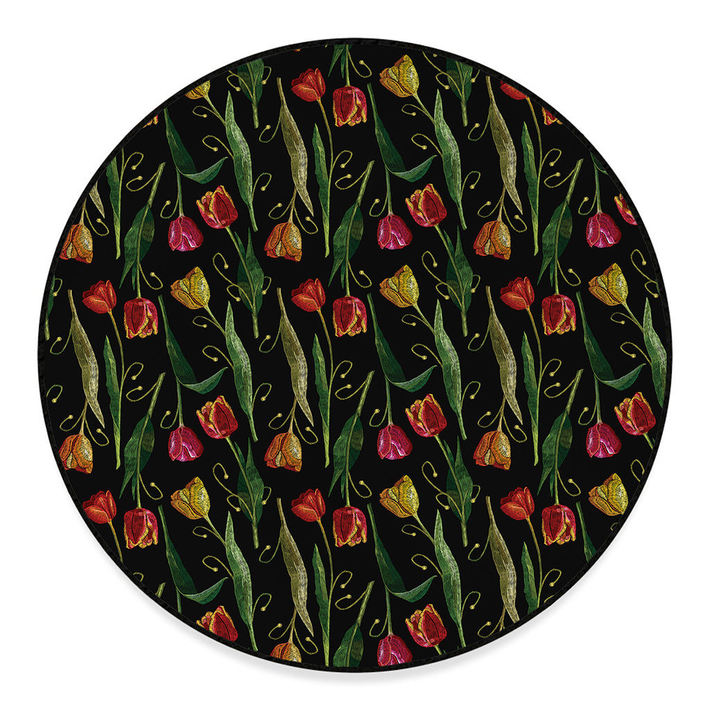 Embroidery Tulip Pattern Print Round Floor Mat