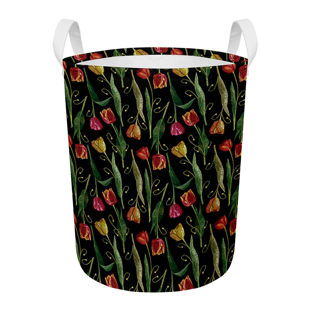 Embroidery Tulip Pattern Print Round Laundry Basket