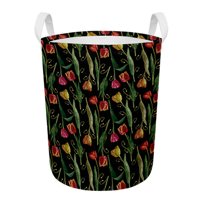 Embroidery Tulip Pattern Print Round Laundry Basket