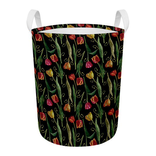 Embroidery Tulip Pattern Print Round Laundry Basket