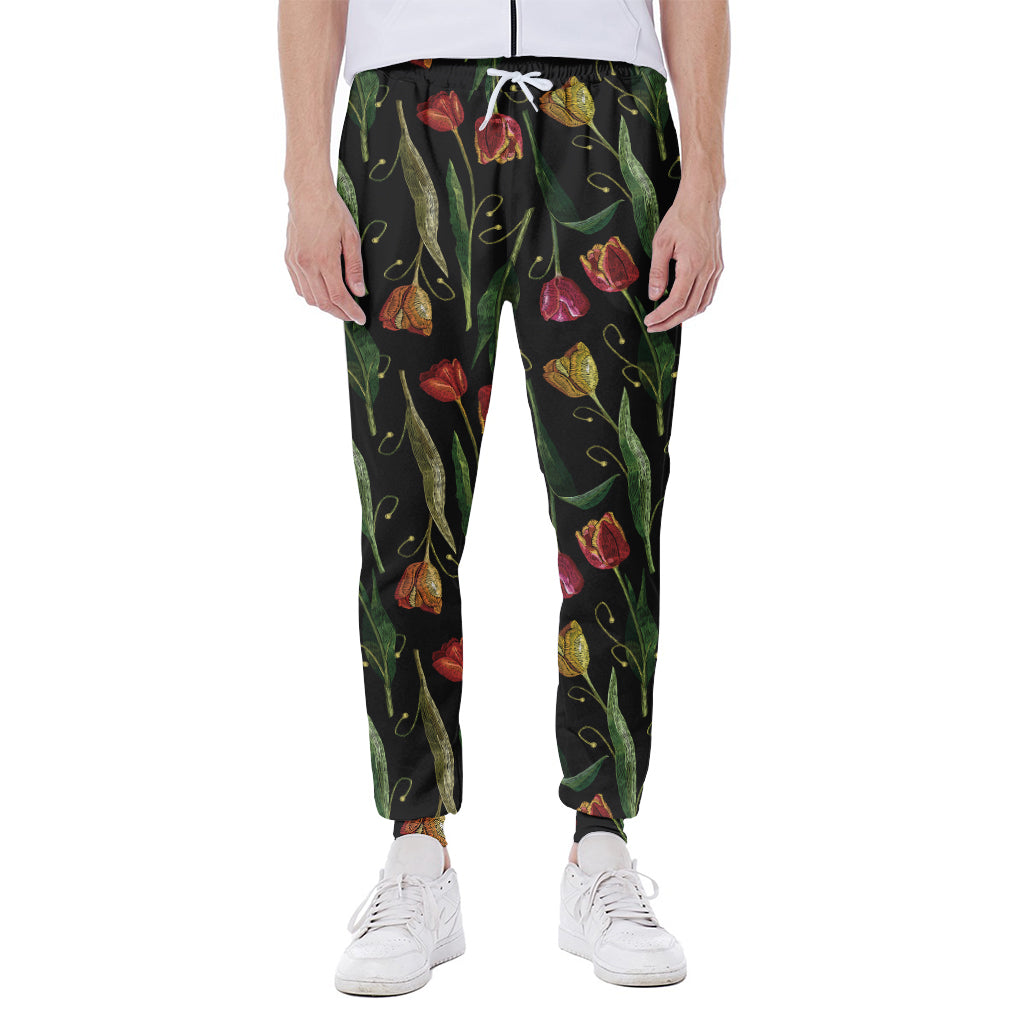 Embroidery Tulip Pattern Print Scuba Joggers