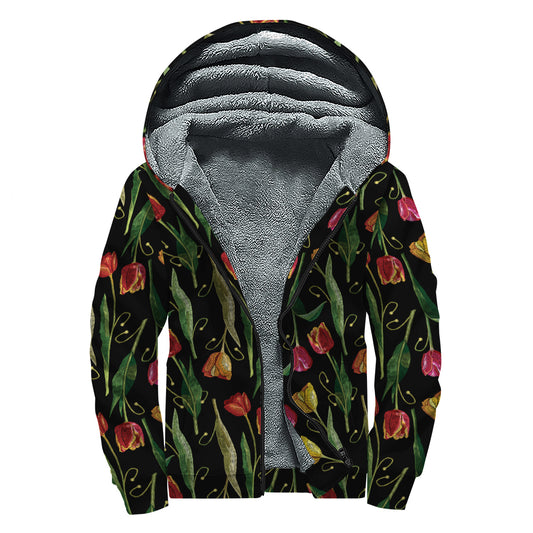 Embroidery Tulip Pattern Print Sherpa Lined Zip Up Hoodie