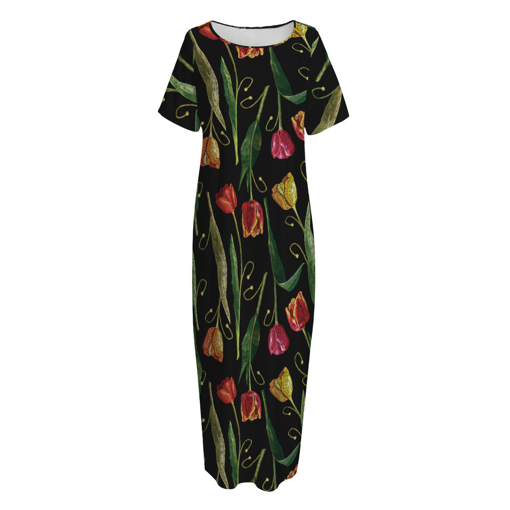 Embroidery Tulip Pattern Print Short Sleeve Long Nightdress