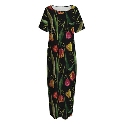 Embroidery Tulip Pattern Print Short Sleeve Long Nightdress