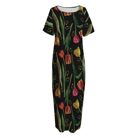 Embroidery Tulip Pattern Print Short Sleeve Long Nightdress