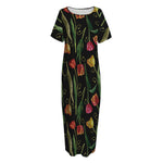 Embroidery Tulip Pattern Print Short Sleeve Long Nightdress