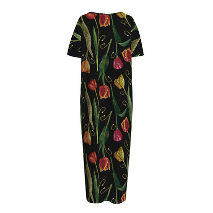 Embroidery Tulip Pattern Print Short Sleeve Long Nightdress