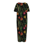 Embroidery Tulip Pattern Print Short Sleeve Long Nightdress