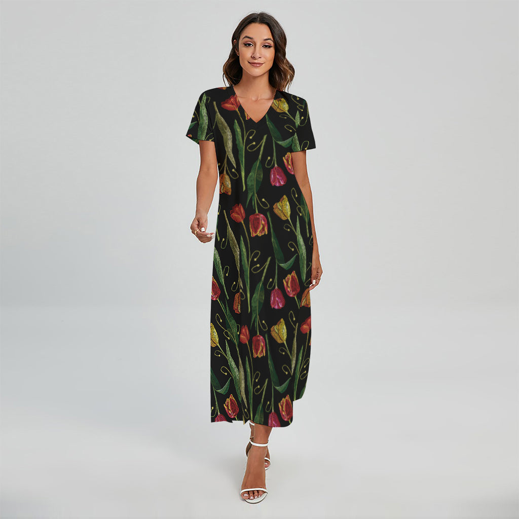 Embroidery Tulip Pattern Print Short Sleeve Maxi Dress