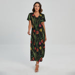 Embroidery Tulip Pattern Print Short Sleeve Maxi Dress