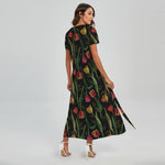 Embroidery Tulip Pattern Print Short Sleeve Maxi Dress