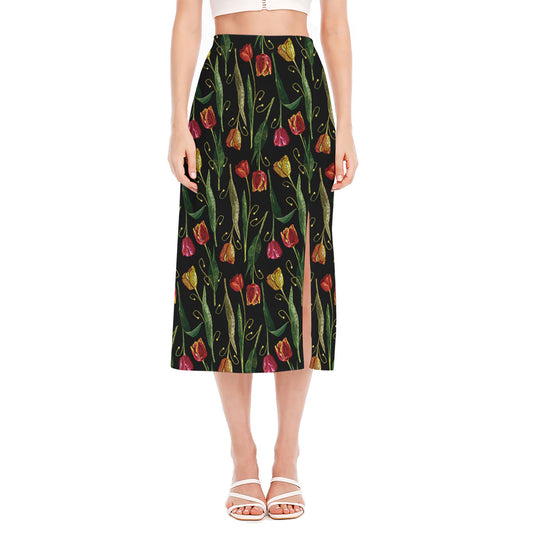 Embroidery Tulip Pattern Print Side Slit Midi Skirt