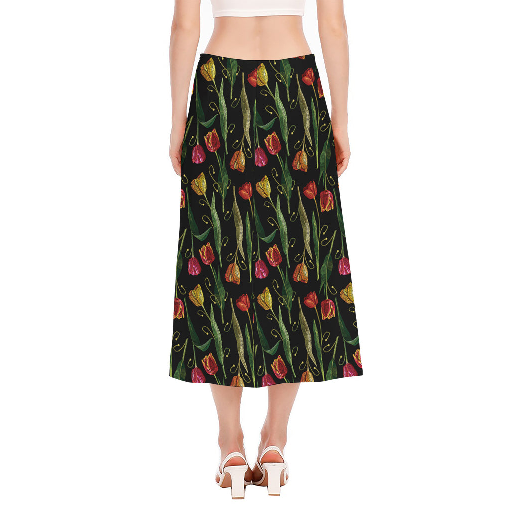 Embroidery Tulip Pattern Print Side Slit Midi Skirt