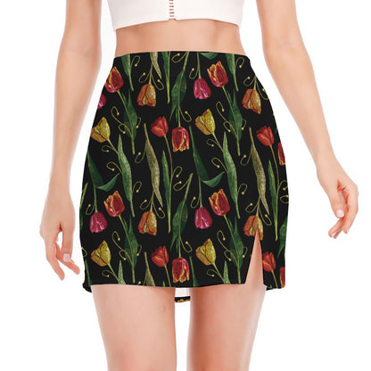 Embroidery Tulip Pattern Print Side Slit Mini Skirt