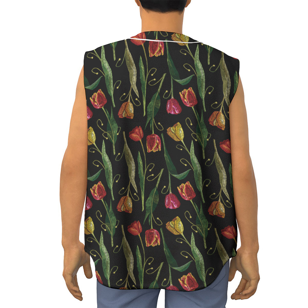 Embroidery Tulip Pattern Print Sleeveless Baseball Jersey