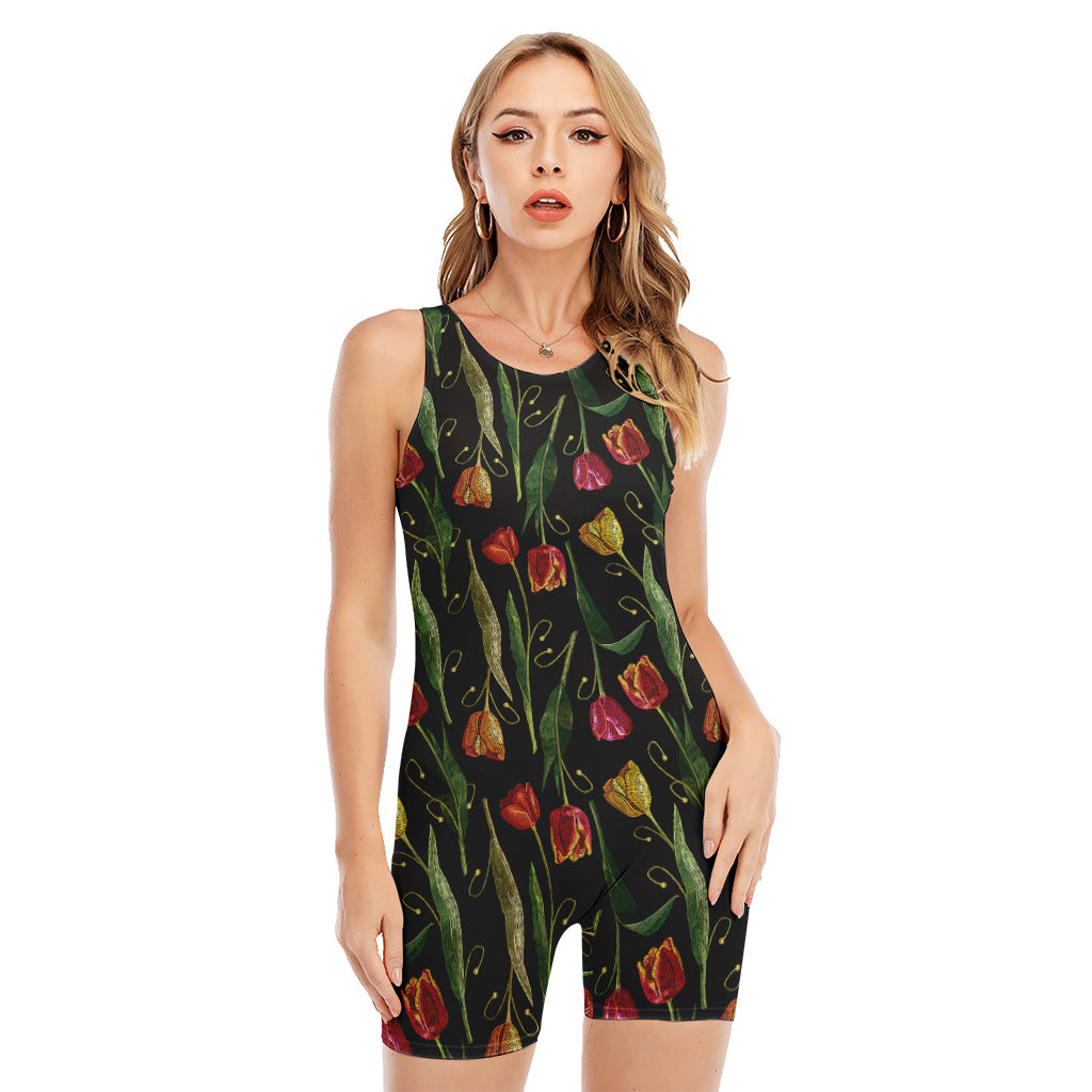 Embroidery Tulip Pattern Print Sleeveless One Piece Swimsuit