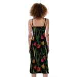 Embroidery Tulip Pattern Print Slim Fit Midi Cami Dress