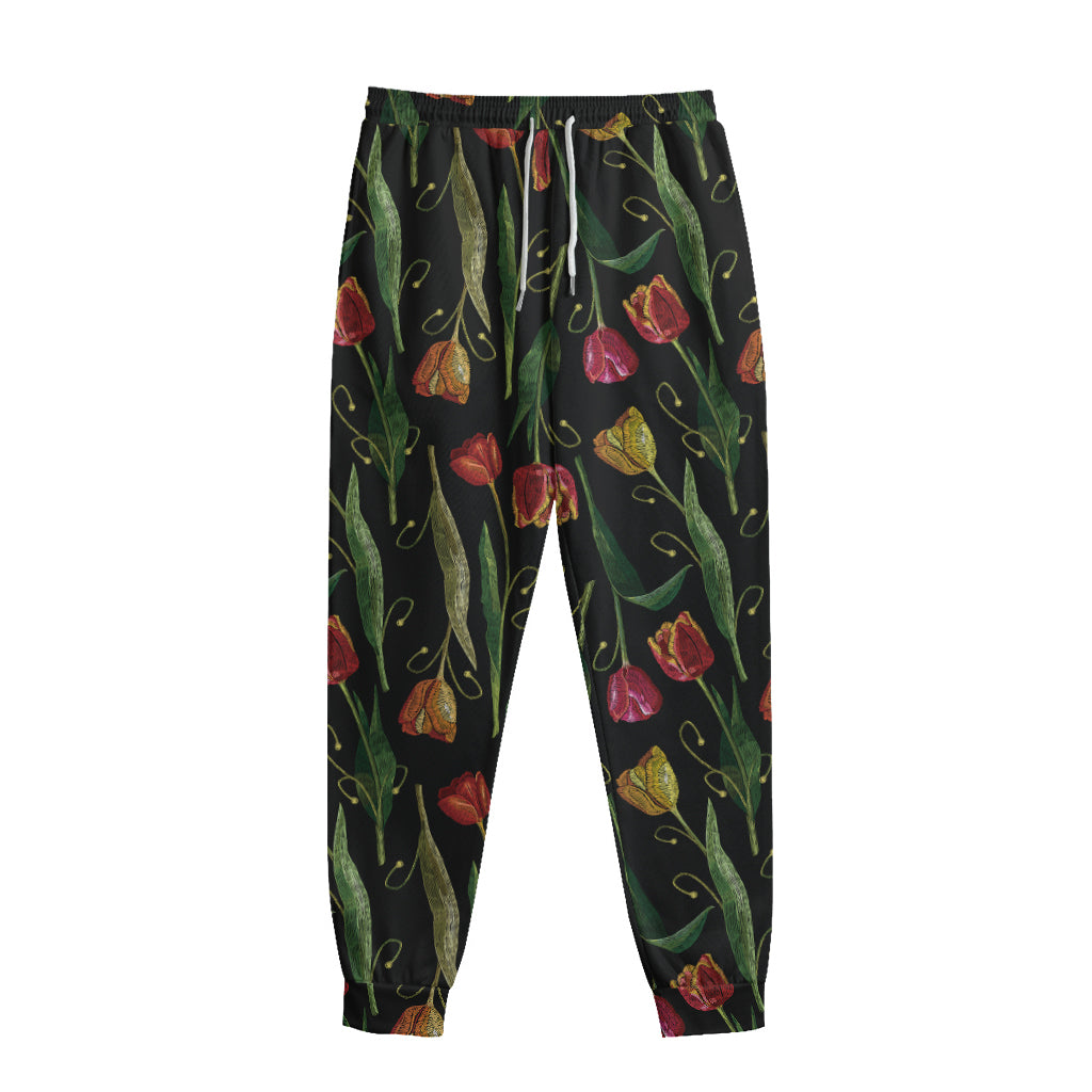 Embroidery Tulip Pattern Print Sweatpants