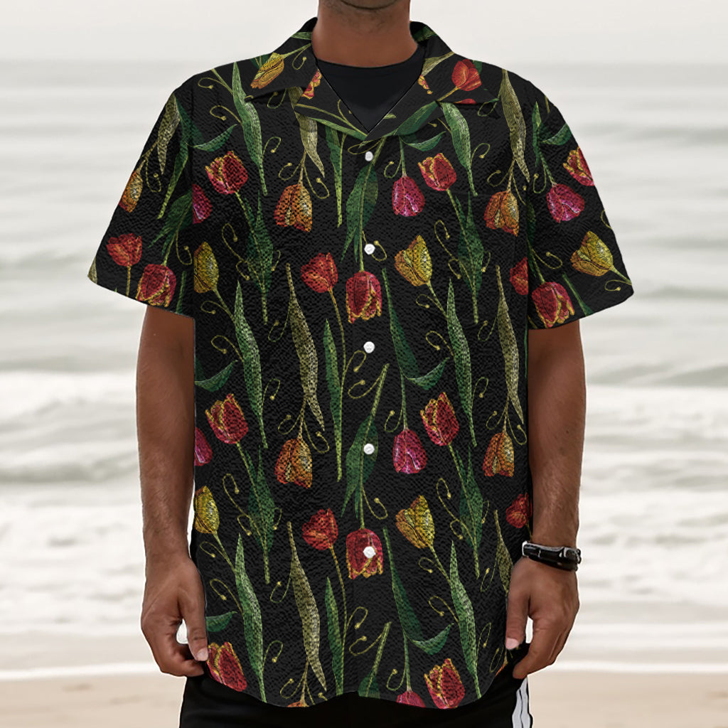 Embroidery Tulip Pattern Print Textured Short Sleeve Shirt