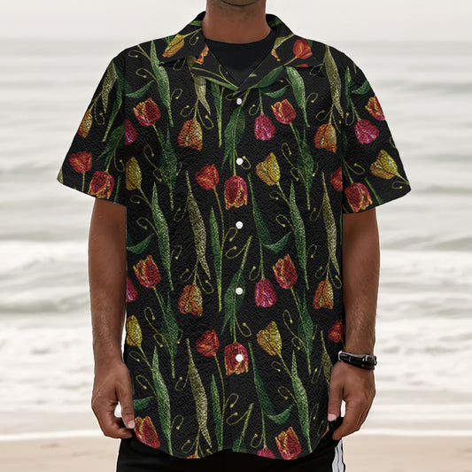 Embroidery Tulip Pattern Print Textured Short Sleeve Shirt
