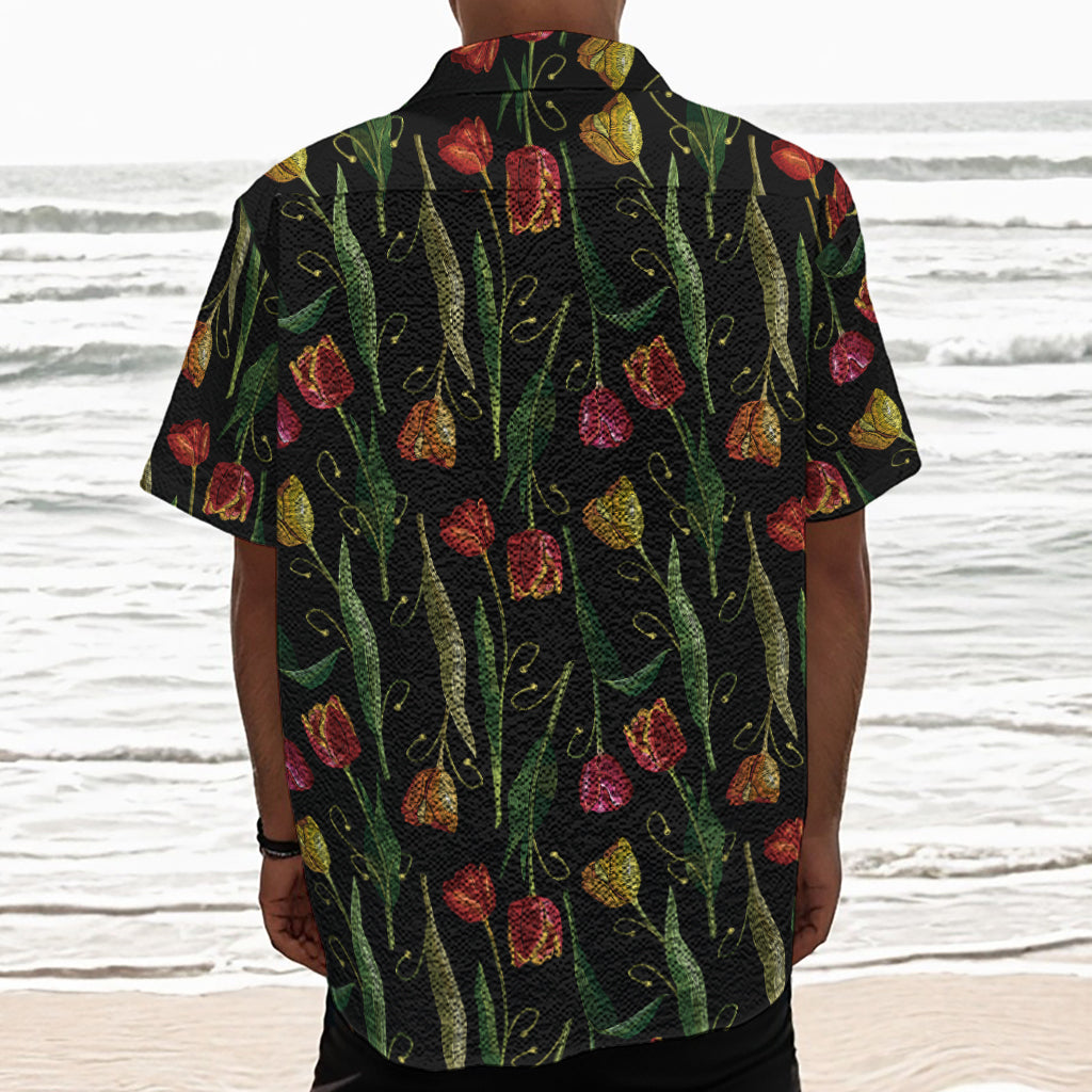 Embroidery Tulip Pattern Print Textured Short Sleeve Shirt