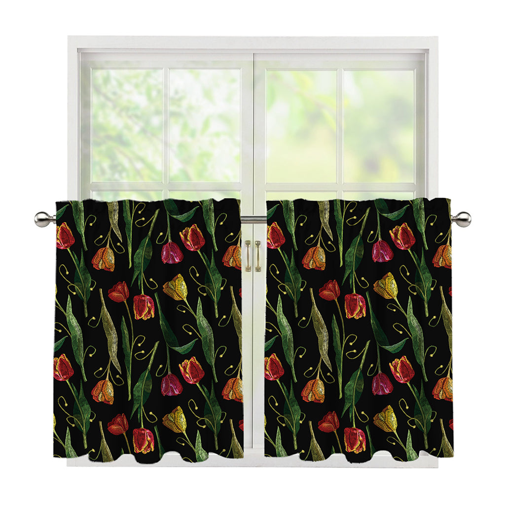 Embroidery Tulip Pattern Print Tier Curtains