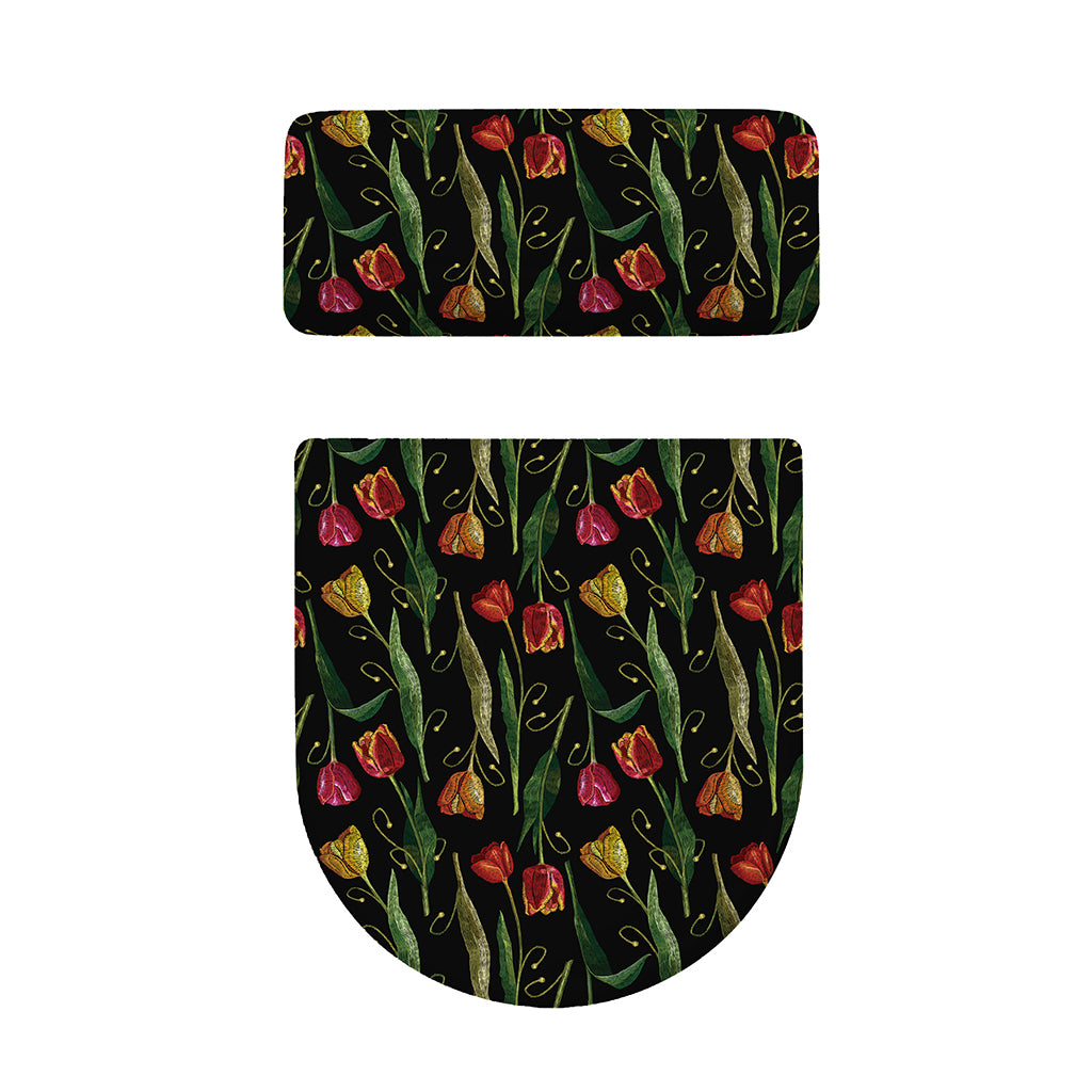 Embroidery Tulip Pattern Print Toilet Lid And Tank Cover Set