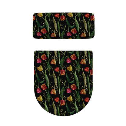Embroidery Tulip Pattern Print Toilet Lid And Tank Cover Set