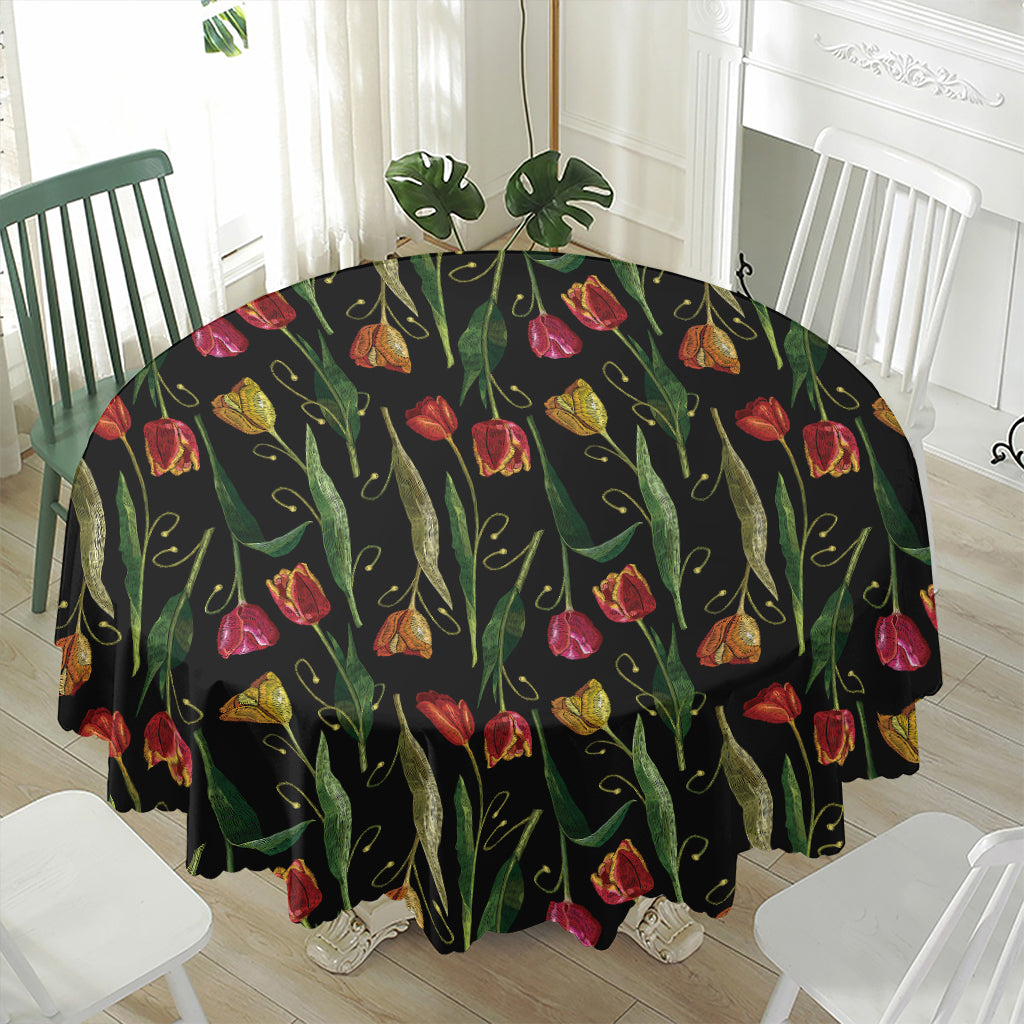 Embroidery Tulip Pattern Print Waterproof Round Tablecloth