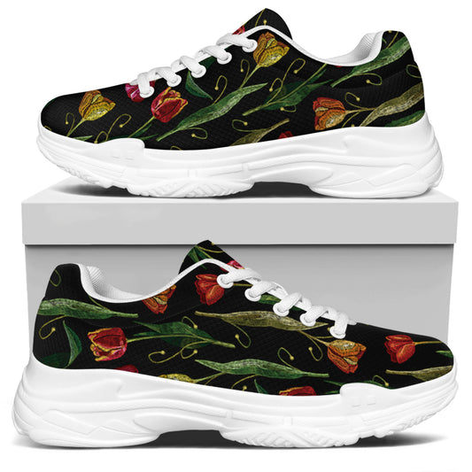 Embroidery Tulip Pattern Print White Chunky Shoes