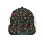 Embroidery Tulip Pattern Print White Mesh Trucker Cap