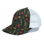 Embroidery Tulip Pattern Print White Mesh Trucker Cap