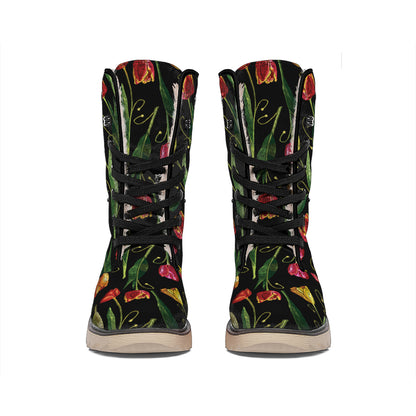 Embroidery Tulip Pattern Print Winter Boots