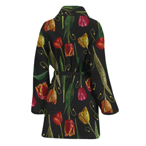 Embroidery Tulip Pattern Print Women's Bathrobe