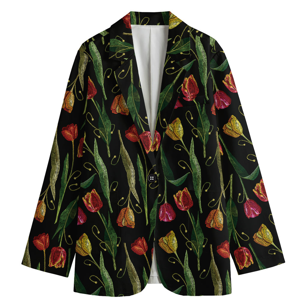 Embroidery Tulip Pattern Print Women's Blazer