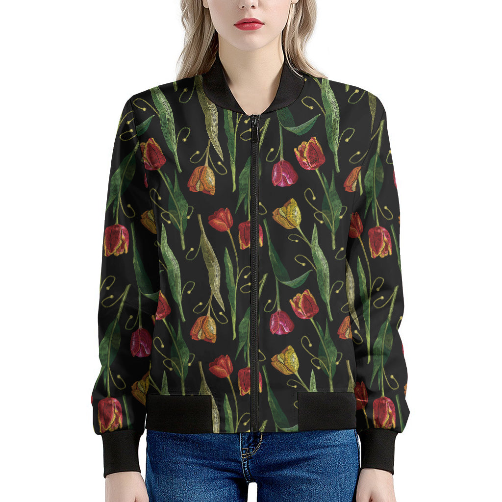 Embroidery Tulip Pattern Print Women's Bomber Jacket