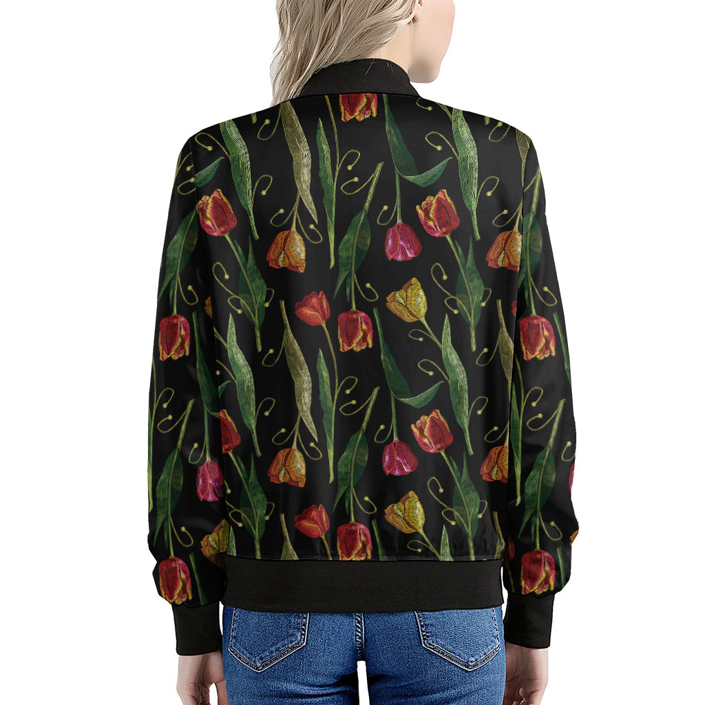 Embroidery Tulip Pattern Print Women's Bomber Jacket