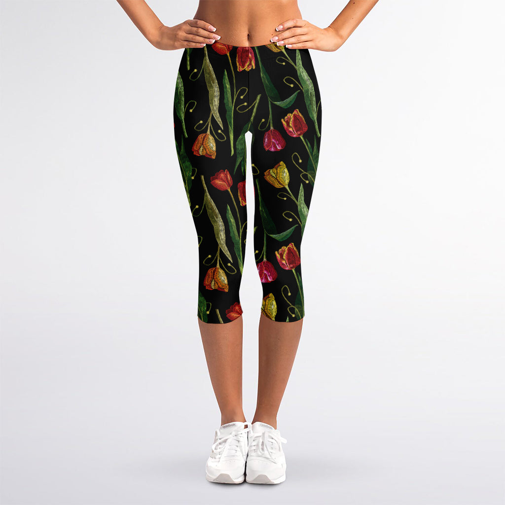 Embroidery Tulip Pattern Print Women's Capri Leggings