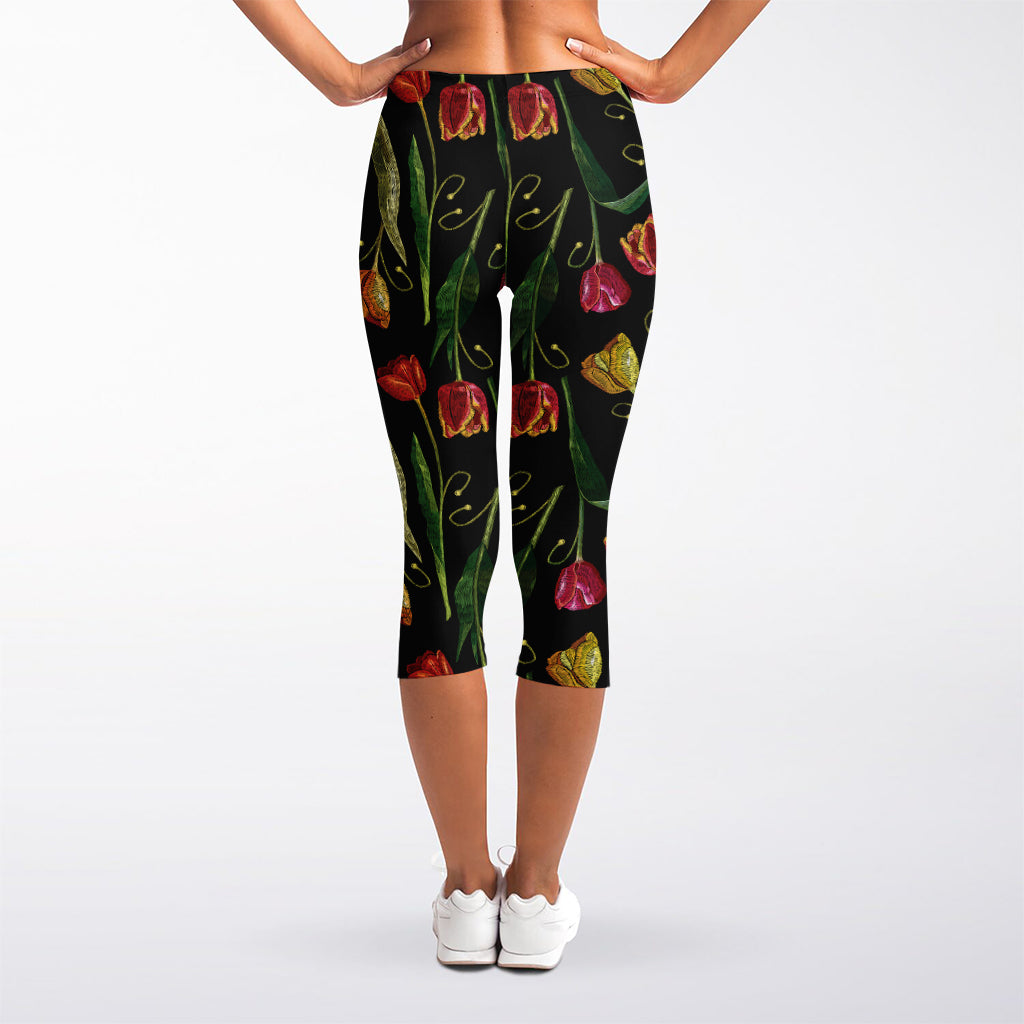 Embroidery Tulip Pattern Print Women's Capri Leggings