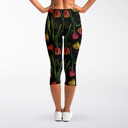 Embroidery Tulip Pattern Print Women's Capri Leggings