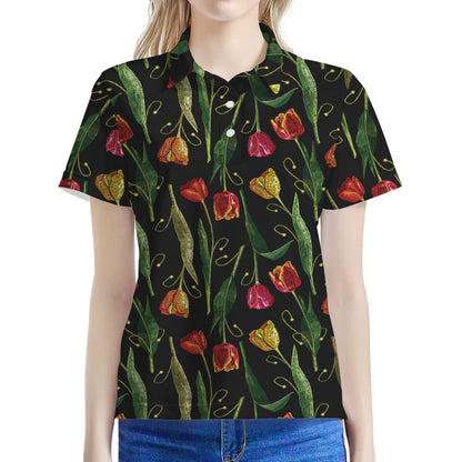 Embroidery Tulip Pattern Print Women's Polo Shirt