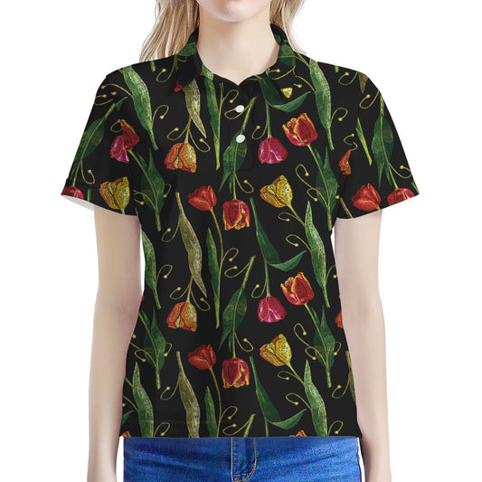 Embroidery Tulip Pattern Print Women's Polo Shirt